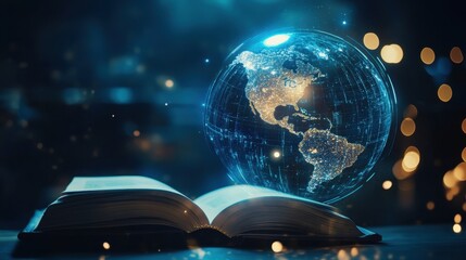 Fototapeta premium Global education concept with an open book and glowing globe map, representing World Literacy Day, blue tech-inspired background