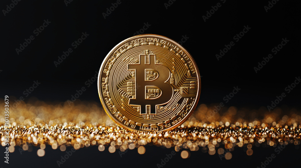 Poster golden bitcoin coin on a dark background with scattered gold particles.