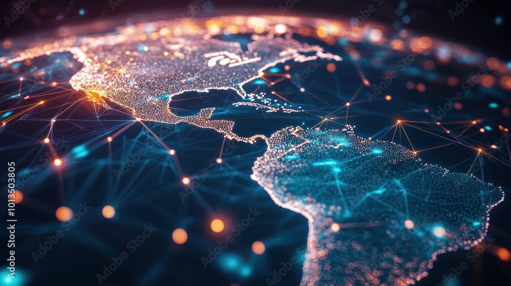 Poster global network concept with an abstract digital map of south america, showcasing data flow and techn