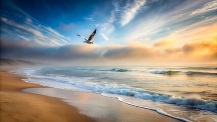 Naklejka premium A serene beach covered in thick fog, with gentle waves and a solitary seagull flying above