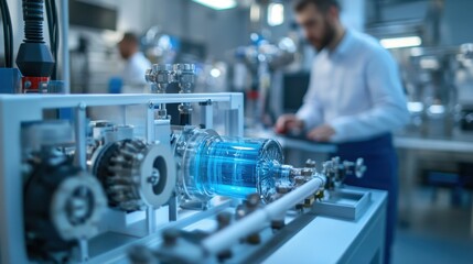 Fototapeta premium Hydrogen fuel cell prototype with engineers in the background, showcasing innovation in clean energy technology for sustainable production and zero emissions