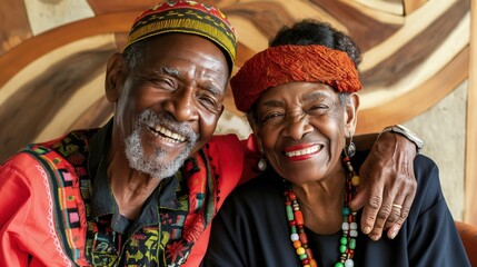 Fototapeta premium A joyful elderly Black couple shares a moment of love and celebration during the Kwanzaa festivities