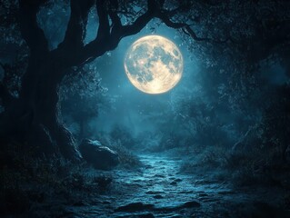 Fototapeta premium panoramic view of a dark eerie forest at night with crooked trees and a glowing full moon casting an enchanting yet spooky ambiance creating a sense of magic and mystery in a fairy tale world
