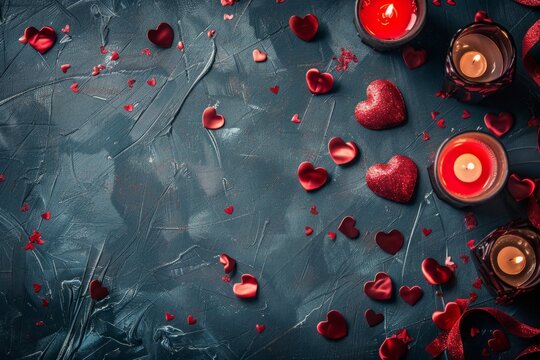 Romantic arrangement with candles and red hearts on a textured dark background. Ideal for Valentine's Day, love, and celebration themes. Concept of warmth, passion, and affection. Generative AI