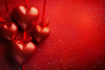 Fototapeta premium Glittery red heart-shaped decorations with ribbons on a red background with splattered white dots. Valentine's Day celebration theme with festive atmosphere. Generative AI