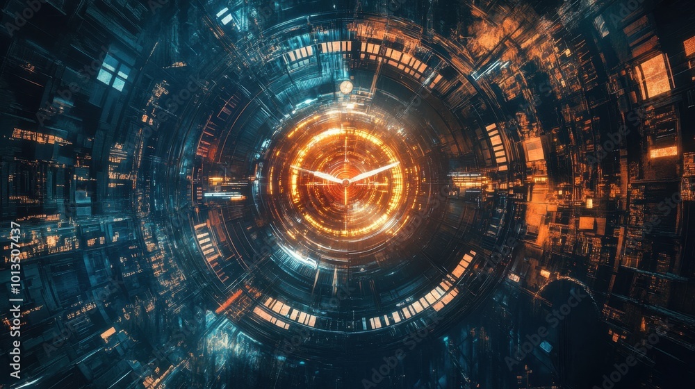 Poster sci-fi clock background with glowing time portal, suggesting time travel technology and the surreal 