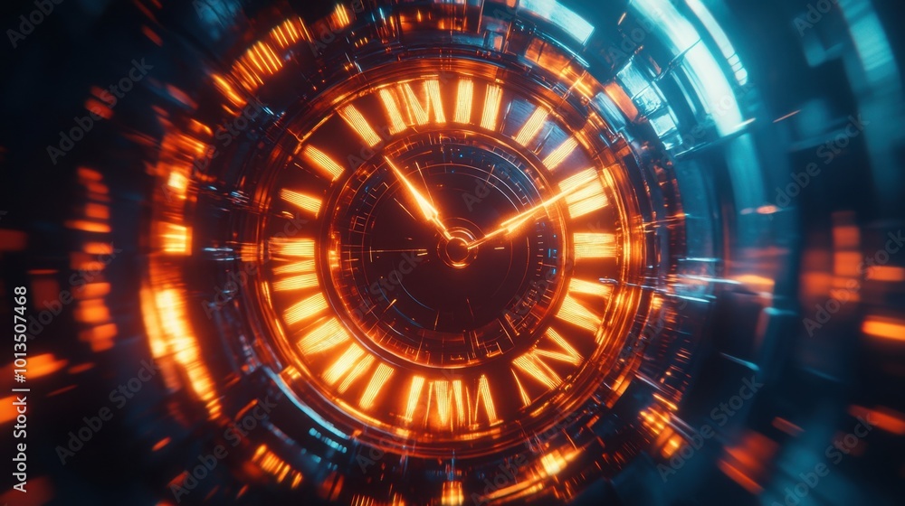Poster sci-fi clock background with glowing time portal, suggesting time travel technology and the surreal 