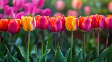 Spring tulips in bloom, cheerful holiday design for Mother Day or Women Day celebration, background with copy space, vibrant colors