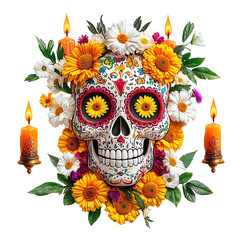 Day of the dead skull adorned with flowers and candles.