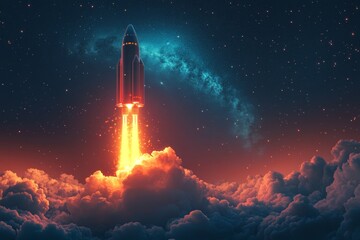 Bitcoin rocket gliding past clouds towards the stars. Cryptocurrency success theme. Generative AI