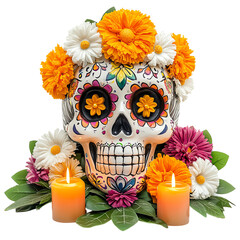 Day of the dead skull with flowers and candles