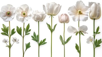 Obraz premium A collection of eight white flowers with green stems and leaves isolated on a white background.