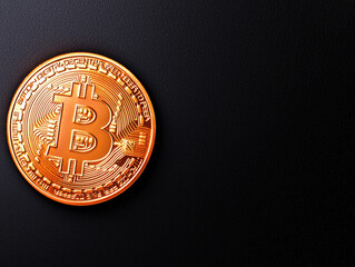 Golden Bitcoin on a black background, symbol of digital currency and investment.