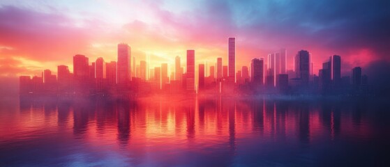 Fototapeta premium Urban Oasis Sunset: City Skyline Meets Serene Waterfront Scene