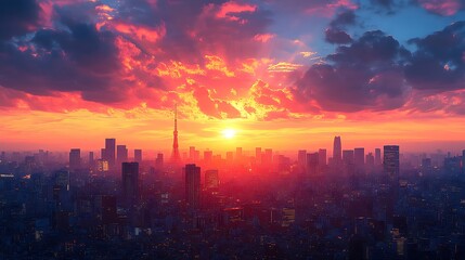 A vibrant sunset casts a fiery glow over a sprawling cityscape, creating a dramatic and awe-inspiring scene.