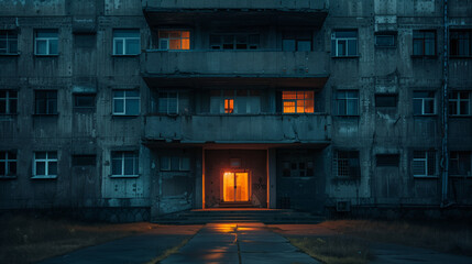 A dilapidated concrete building with glowing warm lights in windows, standing in a desolate urban setting at dusk