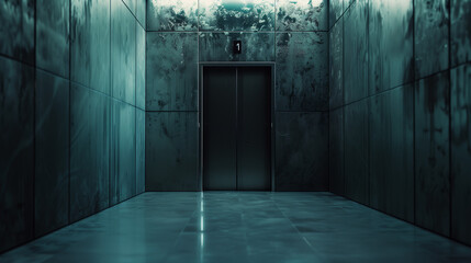 Obraz premium Dimly lit futuristic elevator in a metallic hallway, with reflective surfaces and an eerie, mysterious atmosphere