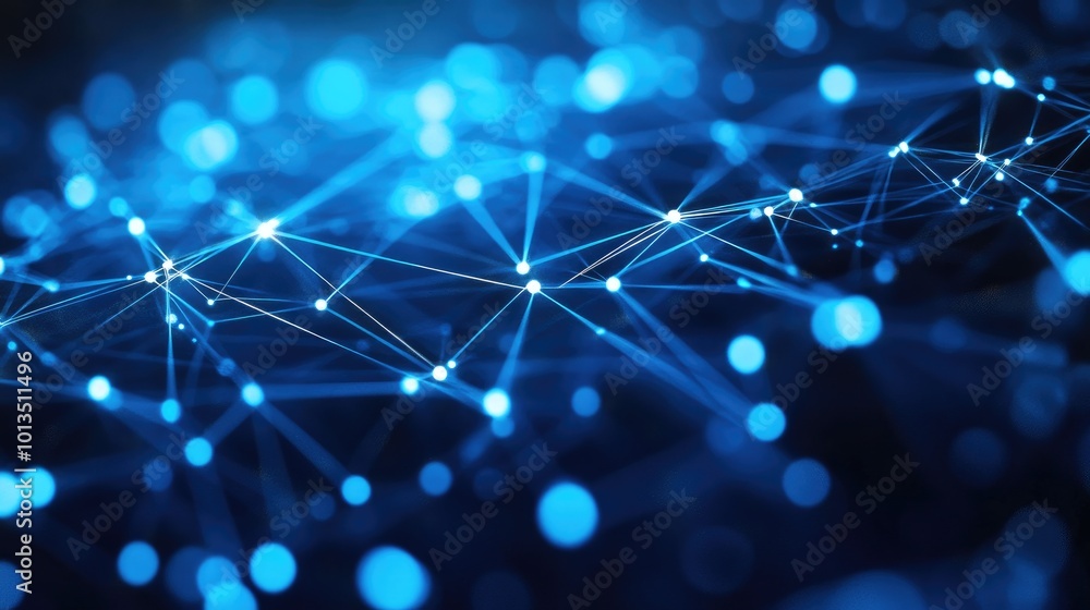 Poster a digital abstract background featuring interconnected blue dots and lines, symbolizing networks.