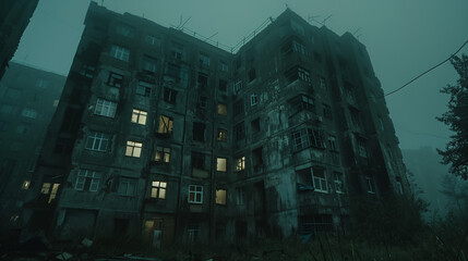 Eerie, foggy night view of a dilapidated apartment building with dimly lit windows and a dark, abandoned atmosphere