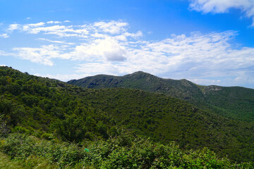 view from the Mirador sobre Roses towards other mountains and valleys with forests in the Pyrenees, Costa Brava, Roses, Figueres, Girona, Catalonia, Spain