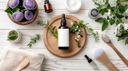 Flat lay composition of an elegant wooden vanity featuring a selection of organic skincare products