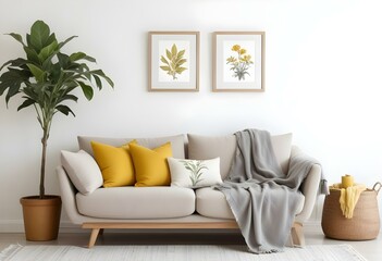 A cozy living room with a beige sofa, gray throw blankets, and yellow accent pillows. The walls are decorated with framed botanical prints.