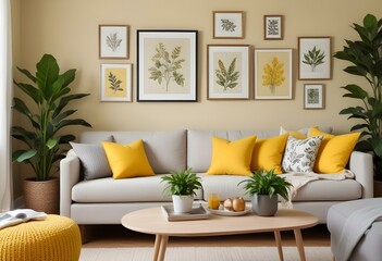 A cozy living room with a beige sofa, gray throw blankets, and yellow accent pillows. The walls are decorated with framed botanical prints.