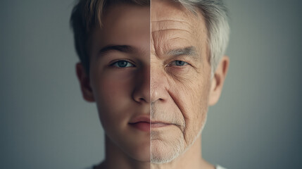 Split Face Portrait Showing Half Young Man And Half Elderly Man Illustrating Concept of Aging and Time