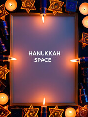 Glowing Hanukkah Candles and Dreidels Border Frame with White Copy Space for Modern Festive Celebrations - Photography Stock Concept