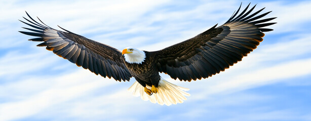 Obraz premium Majestic Bald Eagle Soaring in a Clear Sky