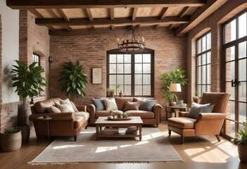 Fototapeta premium A rustic and cozy living room with exposed wooden beams, brick walls, and large windows that let in natural light.
