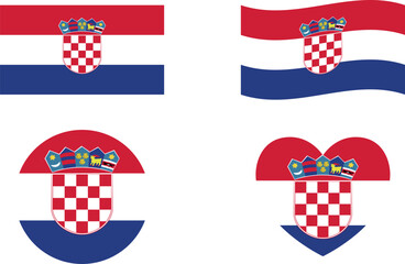 Croatia flags set. various designs. Circle icon. waving flag. heart shape icon. Vector set