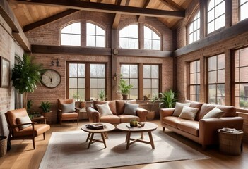 Fototapeta premium A rustic and cozy living room with exposed wooden beams, brick walls, and large windows that let in natural light.