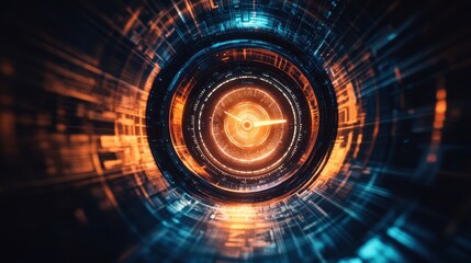 Obraz premium Time portal with a rotating clock in the center, symbolizing time travel and futuristic technology. Sci-fi background with cinematic lighting.