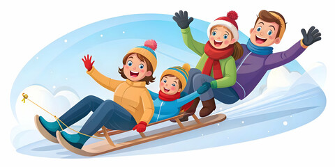 Obraz premium Joyful Family Tobogganing Down Snowy Hill - Candid Moments of Laughter and Fun | Winter Family Promotions Visual