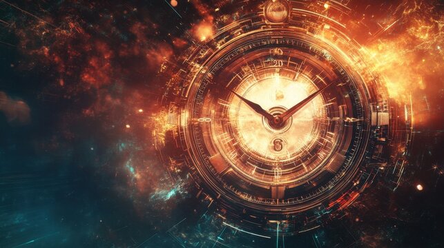 Time travel technology background with a futuristic clock face, hands spinning through hours, evoking the concept of traveling in space and time.