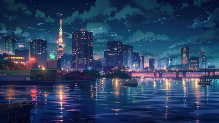 A vibrant city skyline at night, reflecting lights on water with a serene atmosphere.