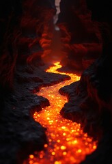 Fototapeta premium A fiery, glowing river of lava flows through a dark cave, illuminated by the intense heat