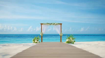 Charming Beach Archway on Serene Sandy Shoreline with Clear Blue Water and Flower Decorations
