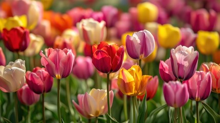 Fototapeta premium Vibrant tulip field background with fresh spring vibes for International Women Day or Mother Day celebration, floral beauty with copy space