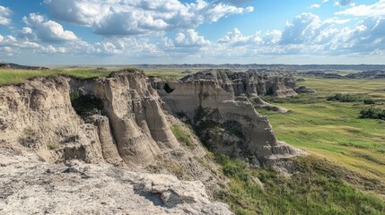 Eroded badlands landscape, with steep cliffs and jagged rock formations