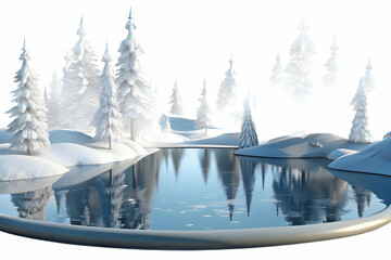 Glossy Frozen Lake Reflecting Snow-Capped Trees with Clear Copy Space for Banners � Serene Winter Atmosphere in a Wide Angle Shot