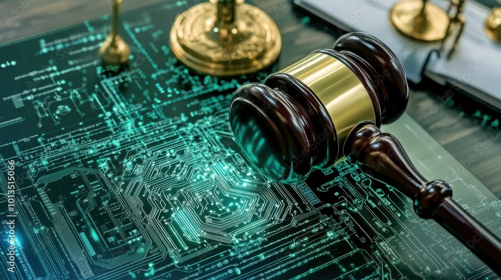 Poster visual representation of ai codes of ethics, with ai algorithm patterns surrounding a gavel and lega
