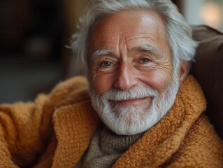 portrait of a joyful elderly man with a bright smile sitting comfortably on a cozy sofa warm natural light filtering through a window creating an inviting and cheerful indoor atmosphere