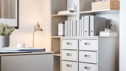 Modern Office Corner with Metallic Filing Cabinet