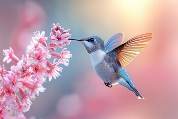 Naklejka premium Delicate Close-up of a Hummingbird Pollinating Pink Flowers in Soft Sunset Light