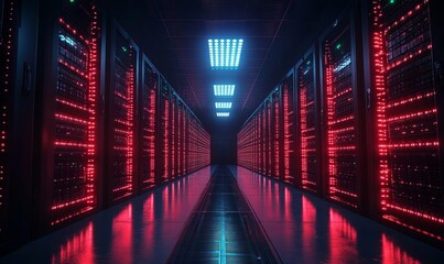 Data Technology Center Server Racks in Dark Room with VFX. Detailed Visualization Concept of Internet of Things, Data Flow, Digitalization of Online Traffic. High Tech Information Storage