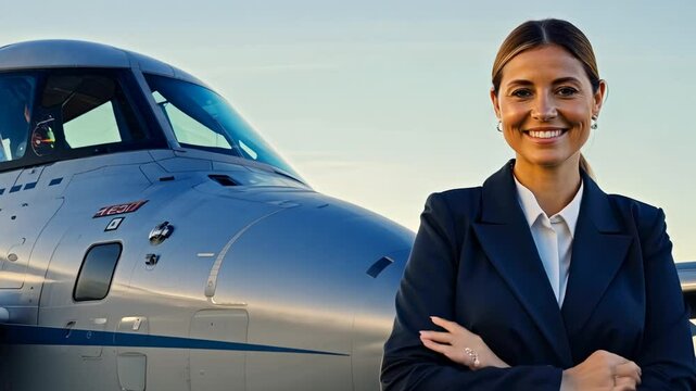 Smiling female pilot stands confidently with arms crossed in front of a private jet, embodying professionalism and success