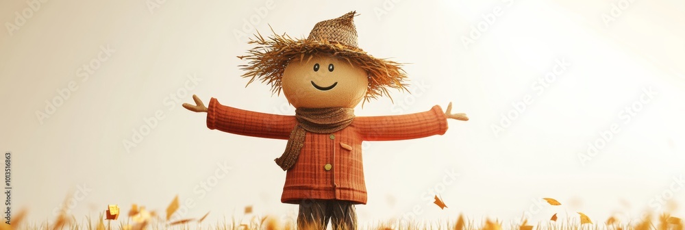 Poster A charming 3D rendering of a scarecrow icon, featuring warm colors and whimsical details, set against a soft cream background