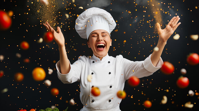 A cheerful chef expresses excitement while tossing vegetables and spices into the air, showcasing her passion for cooking in a vibrant kitchen environment